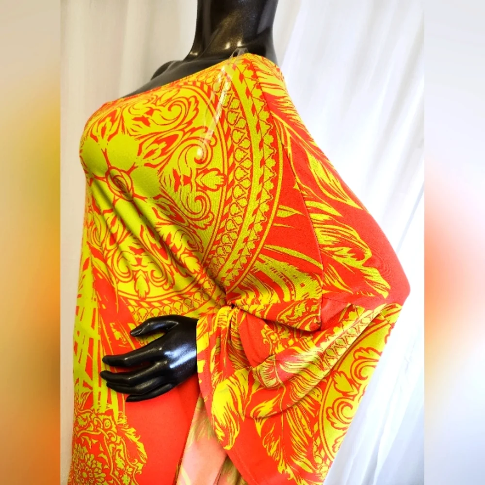 Bold Leaf Kaftan Vibrant Orange and Yellow. Mannequin Worn Only. - Picture 6 of 14